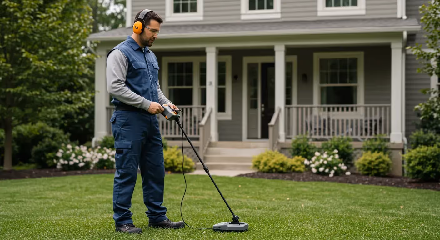 Professional with headphones scanning a residential lawn for water leaks.