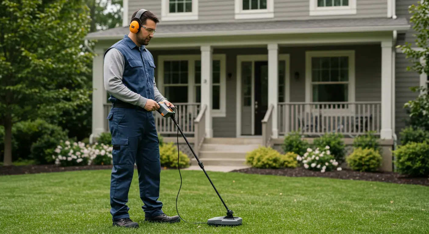 Professional with headphones scanning a residential lawn for water leaks.