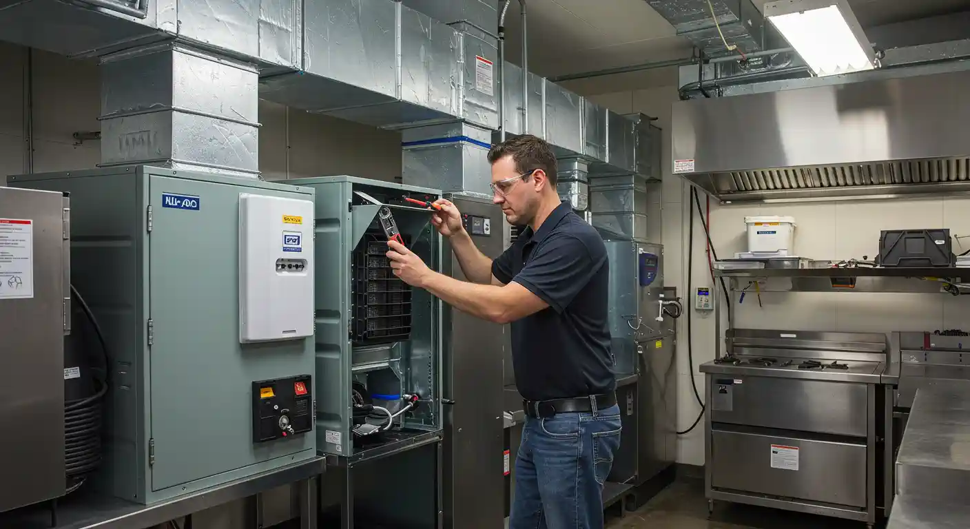 A male technician with short brown hair, wearing a dark blue polo shirt, blue jeans, and safety glasses, is working on a large commercial air purification or ventilation unit. He is standing and using a red and black handheld tool