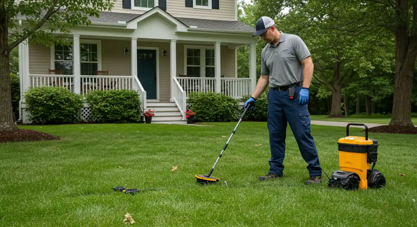 Technician using a ground microphone to locate a water leak in a residential front yard.