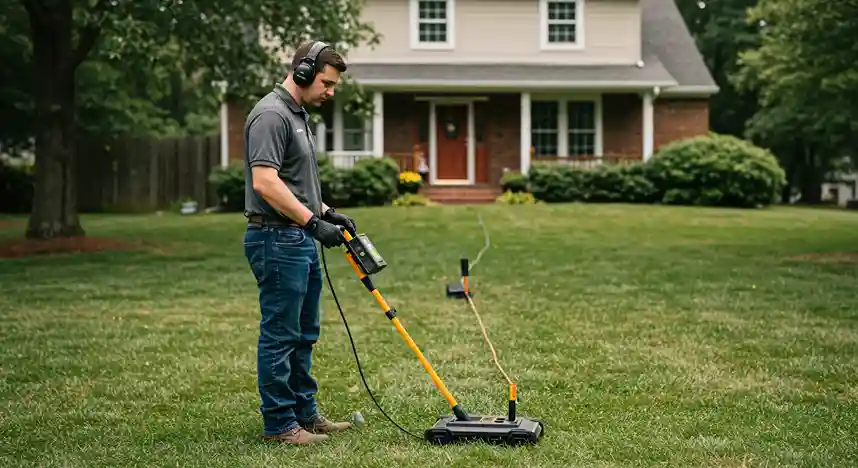 Plumber with headphones using a ground microphone and listening device for outdoor leak detection.