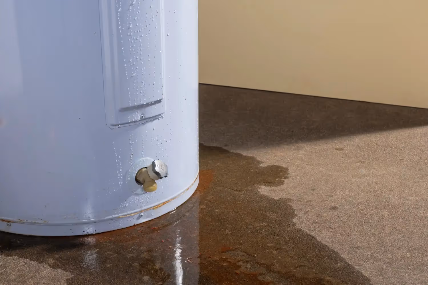 A close-up of the bottom of a white hot water heater shows water dripping from a valve and pooling on the concrete floor, indicating a leak.