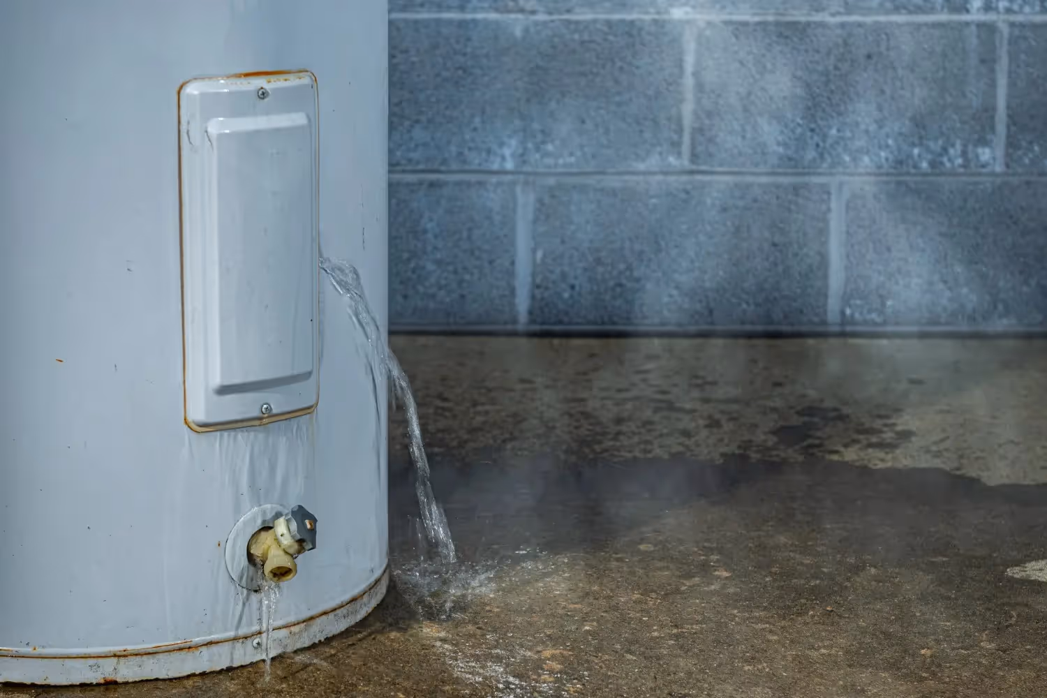 A close-up of the bottom of a white hot water heater shows water forcefully spraying from a pipe, creating a large wet spot and steam on the concrete floor in a basement with a cinder block wall.