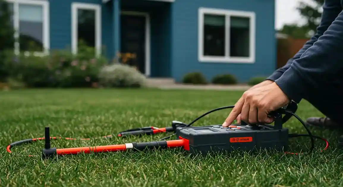 Close-up of hands operating a water leak detection device on a green lawn, with a house in the background.