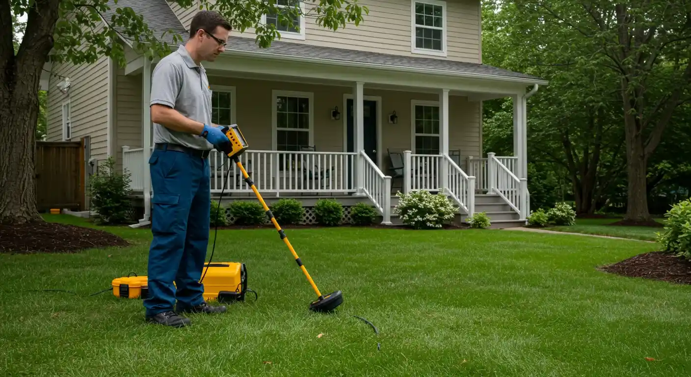 Worker with a portable leak detection system scanning a green lawn.
