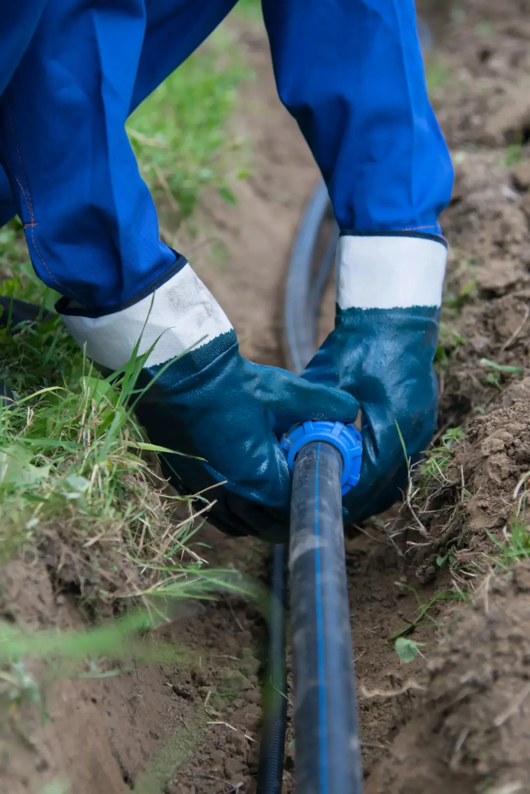 A worker in a blue uniform and blue and white gloves pushes a blue compression fitting onto a black water pipe in a grassy trench.