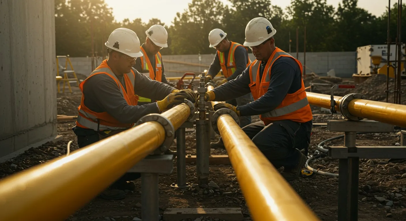 Men working on large yellow pipes.