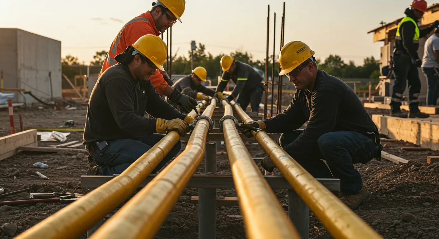 Workers lay multiple large yellow pipes.