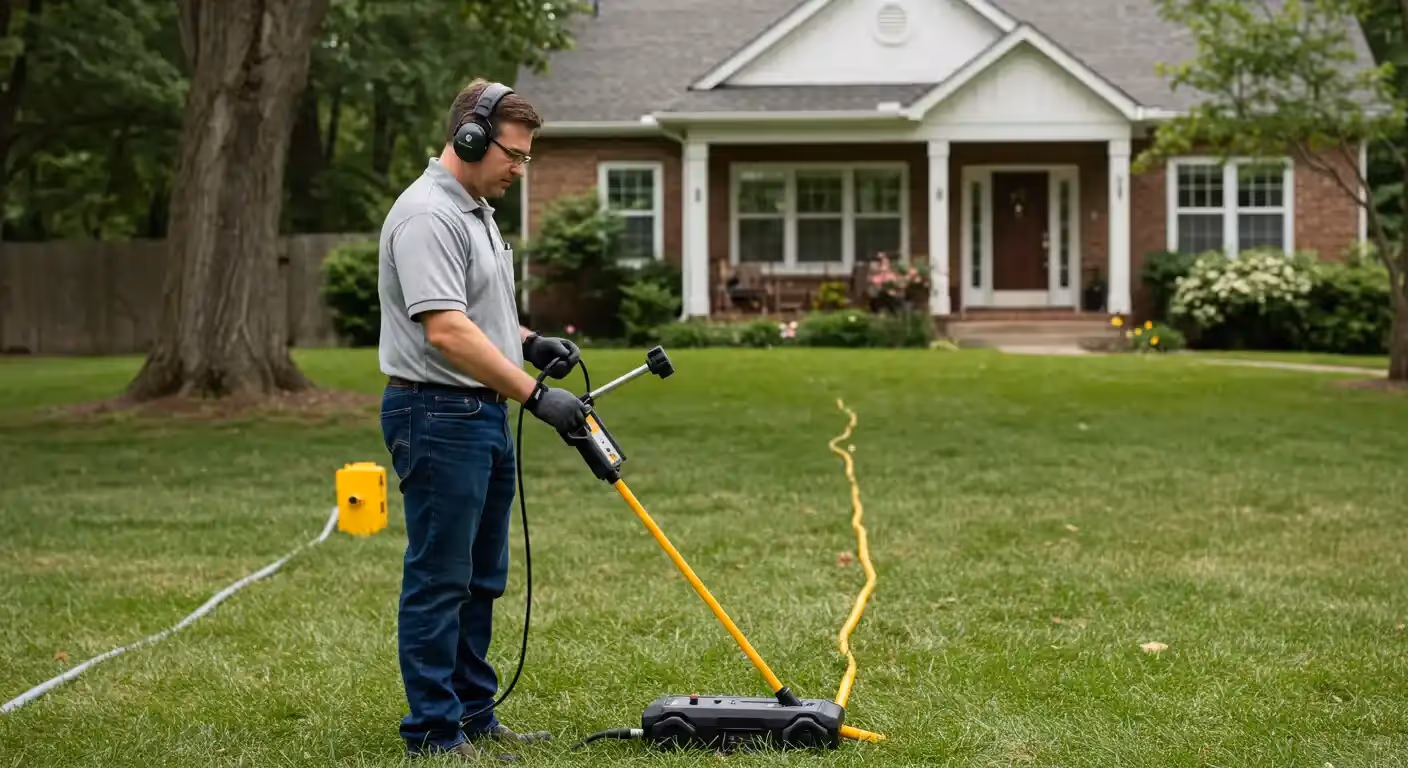 Technician using a water leak detection system with a yellow cable snaking across a lawn.