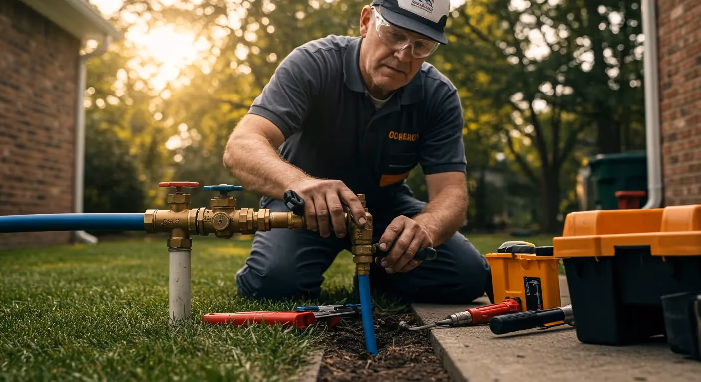 Plumbers connect multiple pipes with valves.
