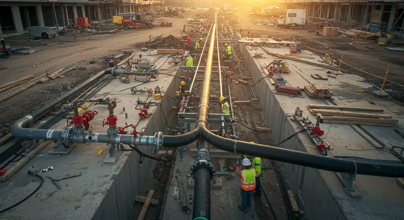 Construction workers install pipes at sunset.