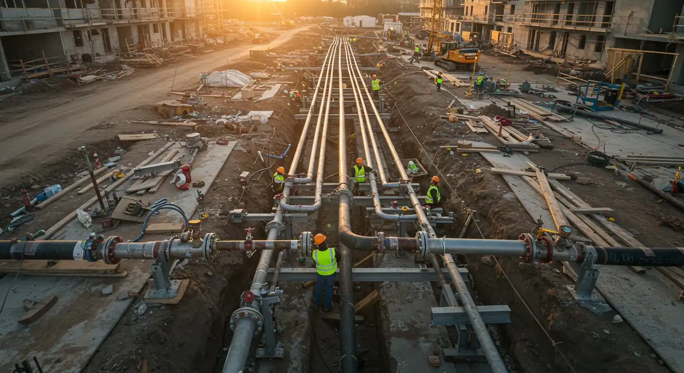 Construction workers building complex industrial pipes.