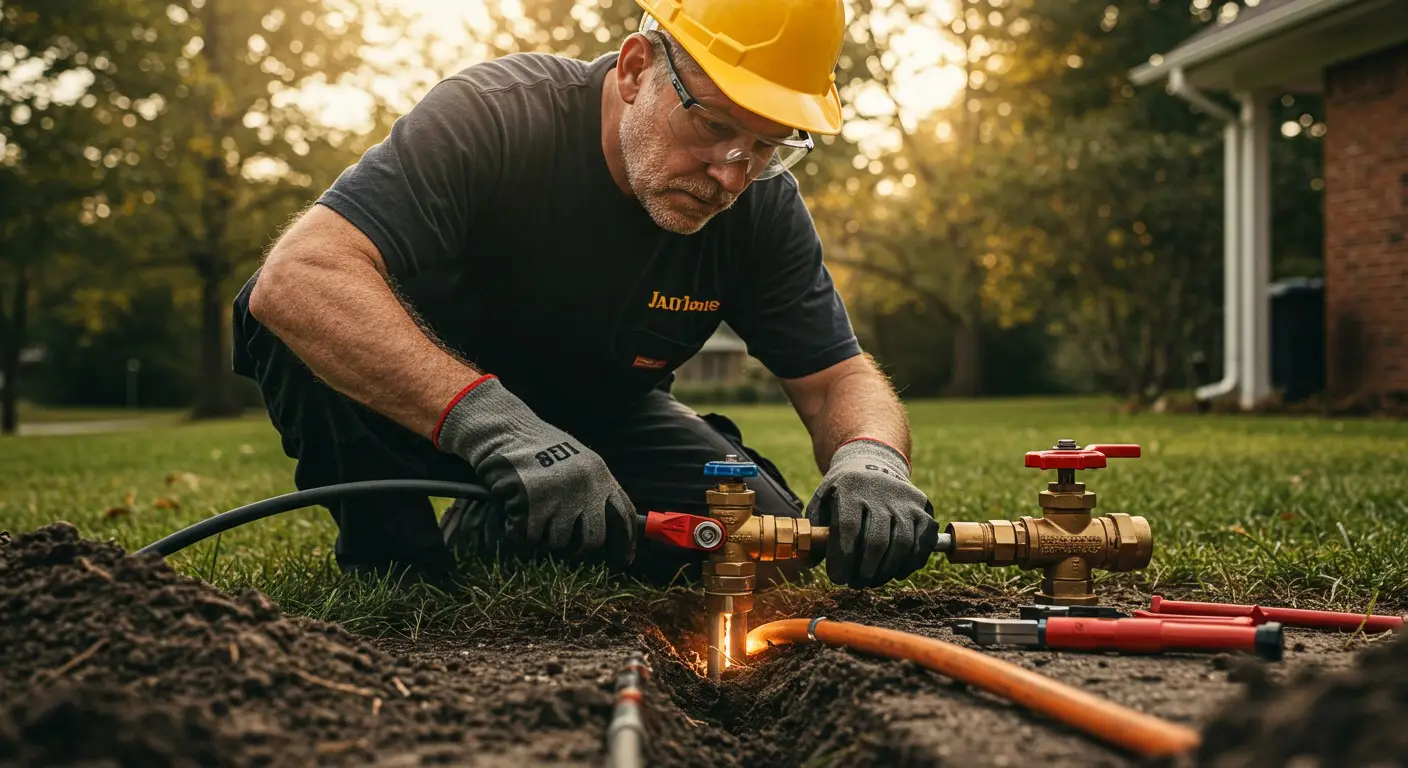 A plumber working on an outdoor valve.
