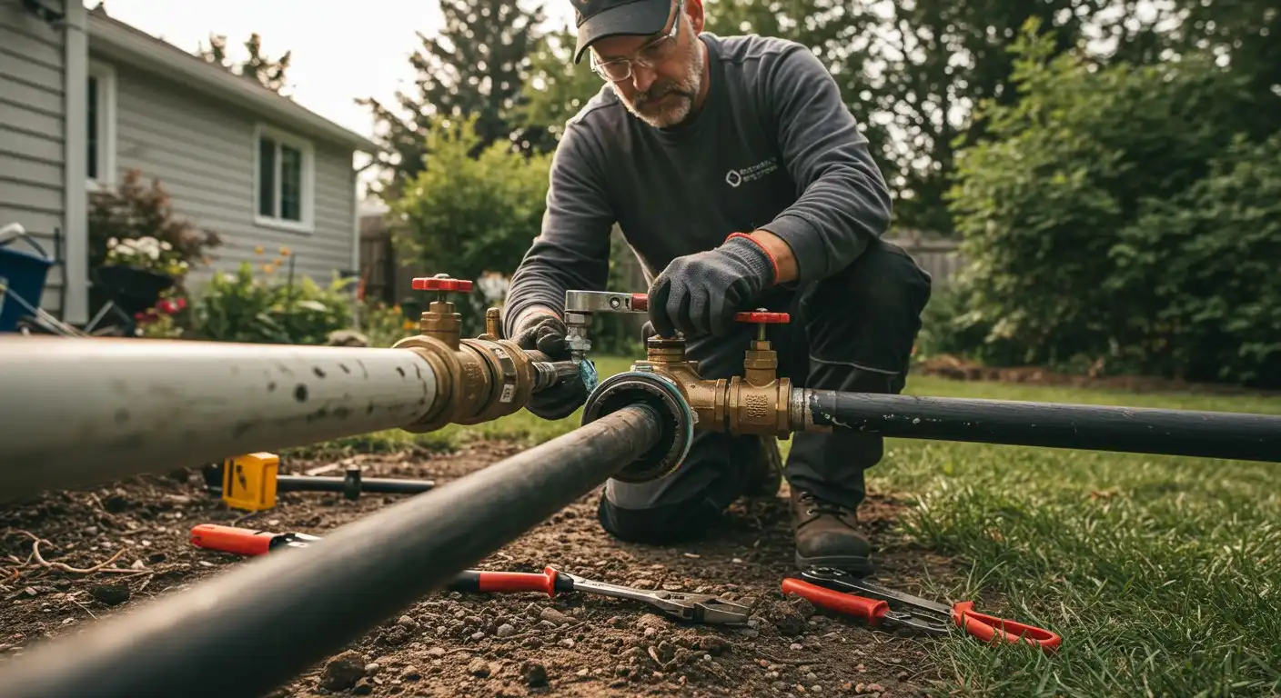 A plumber working on outdoor pipes.