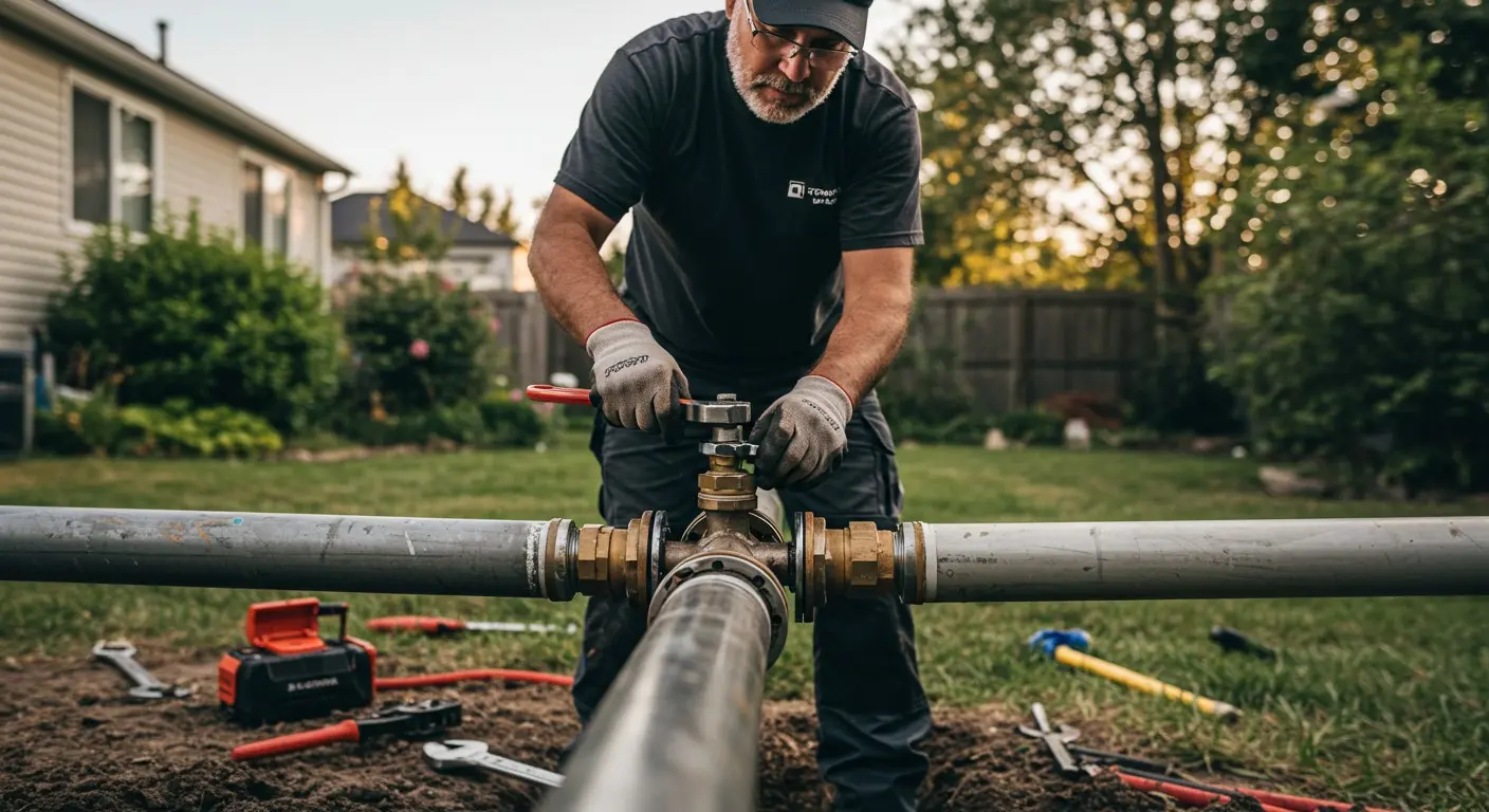 A plumber adjusts an outdoor valve.