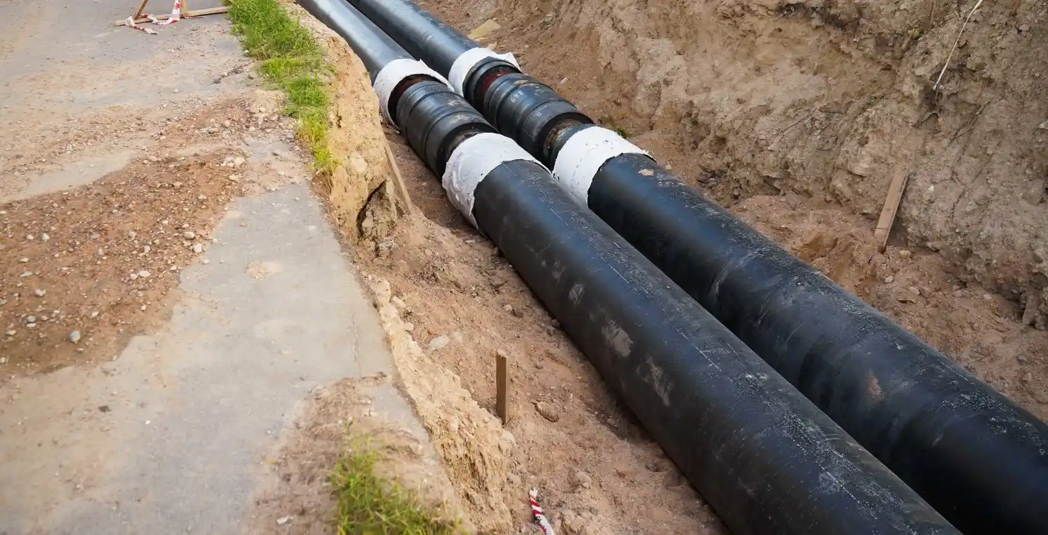 Two large, insulated black pipes, possibly for a heating or water system, are laid in a deep, long trench next to a paved road.