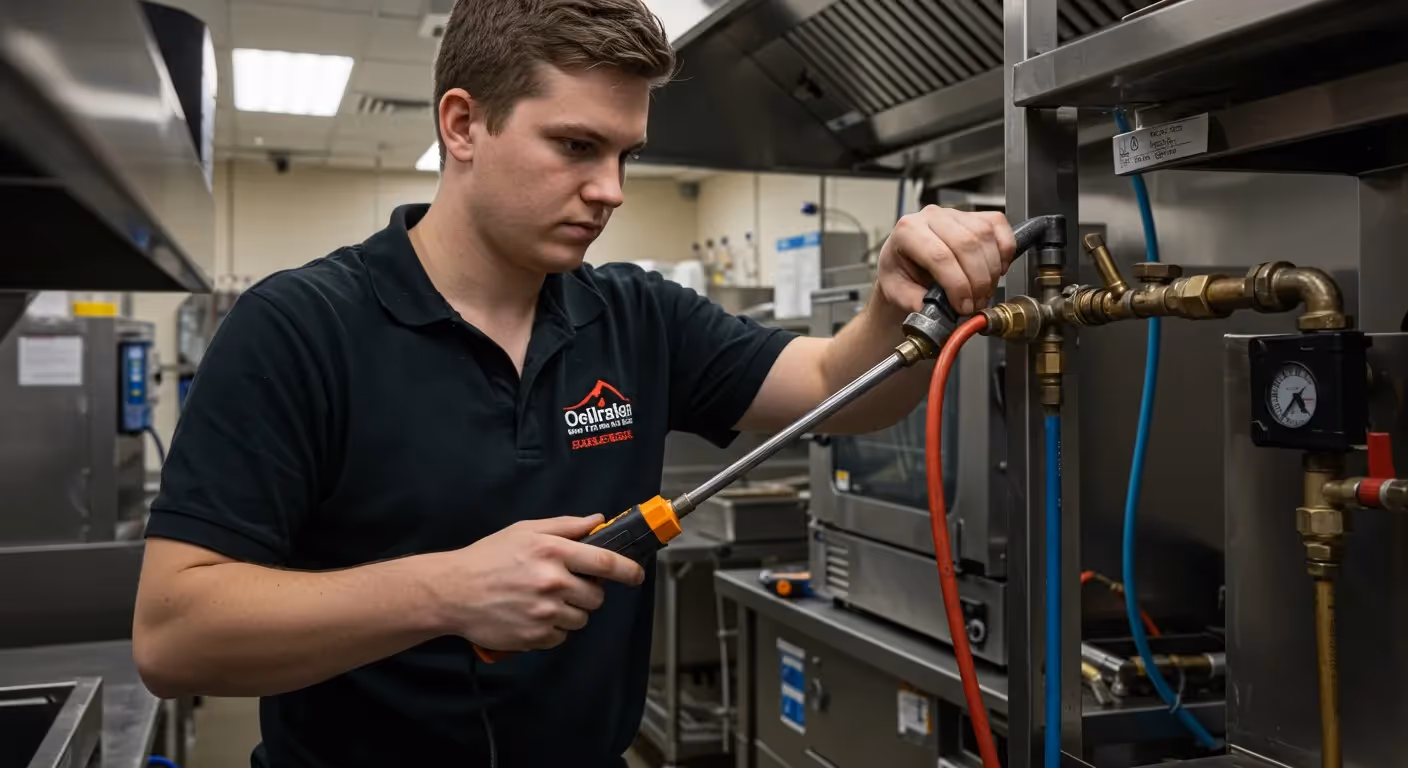 A focused technician in a black uniform adjusts a gas line with tools in a commercial kitchen. 