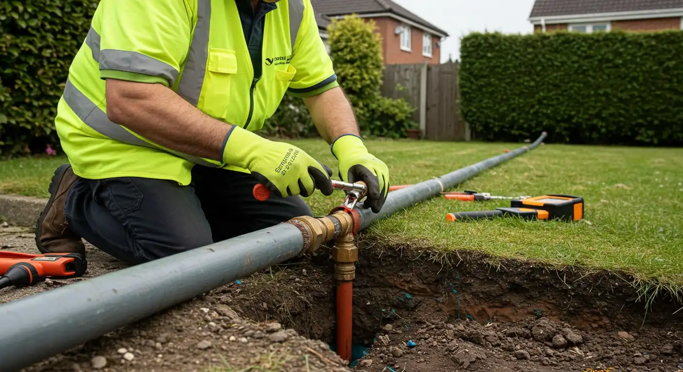 A utility worker connects an outdoor pipe.