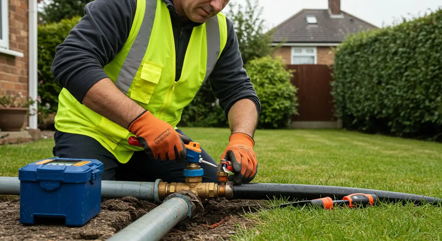 A utility worker fixes a pipe.