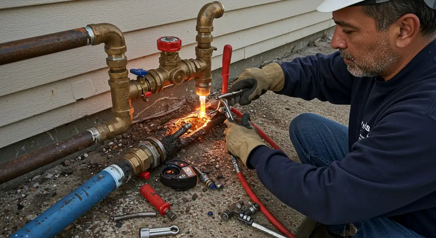 A man welding outdoor gas pipes.