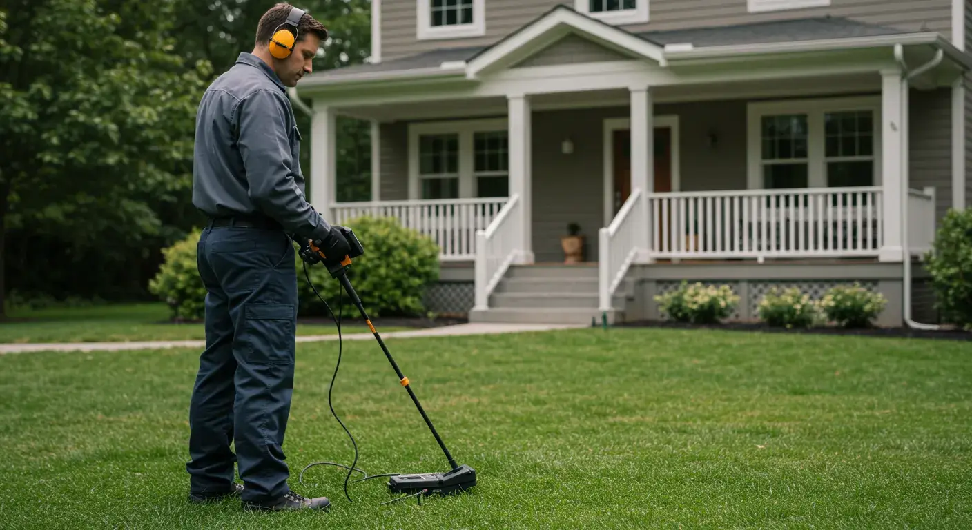 Plumber with headphones using a ground microphone for outdoor water leak detection.