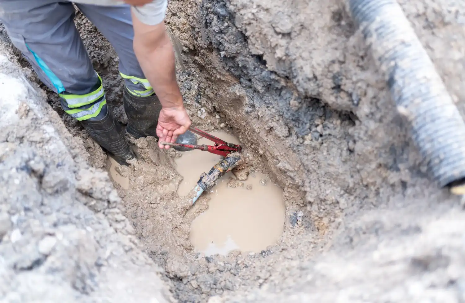 A worker in rubber boots stands in a muddy trench, using red pliers to work on a small, damaged pipe section submerged in water.