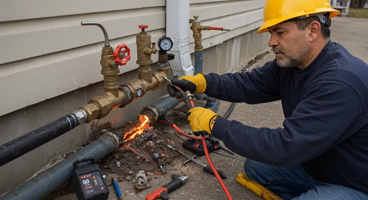 A welder working on outdoor pipes.