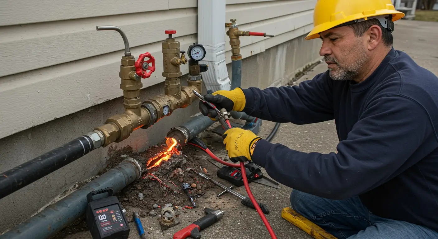 A welder working on outdoor pipes.