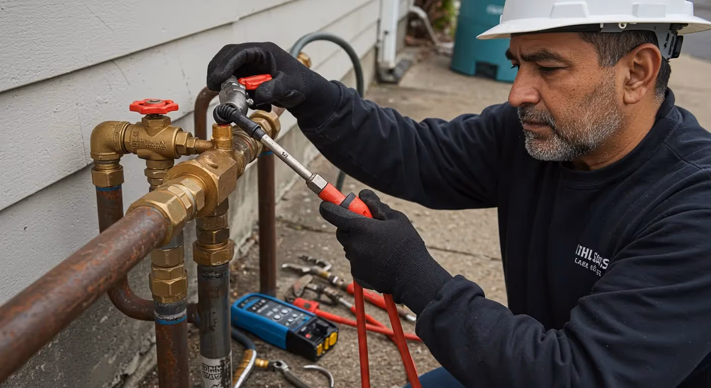 A man in a hard hat and gloves inspects outdoor gas pipes using a wrench and pressure gauge.