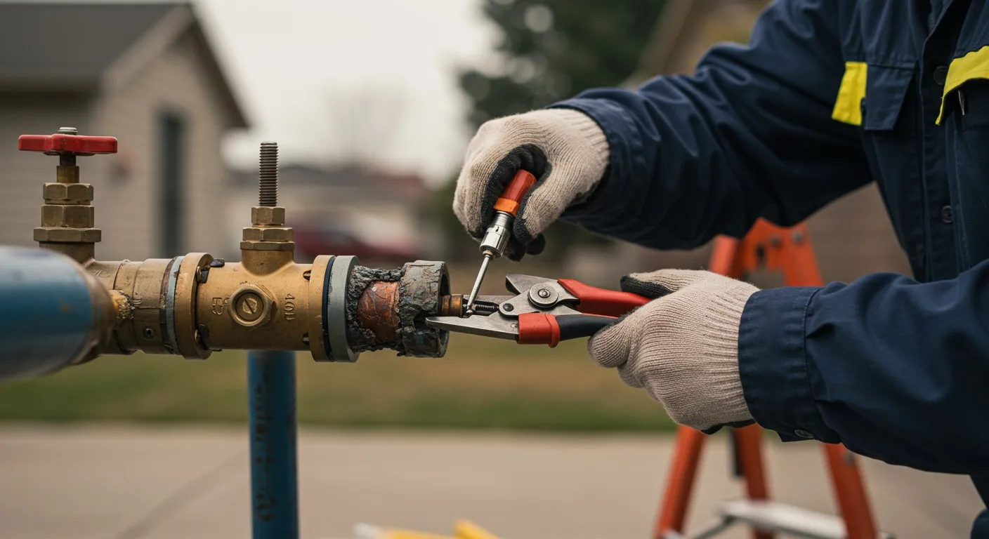 A person repairs an outdoor pipe.