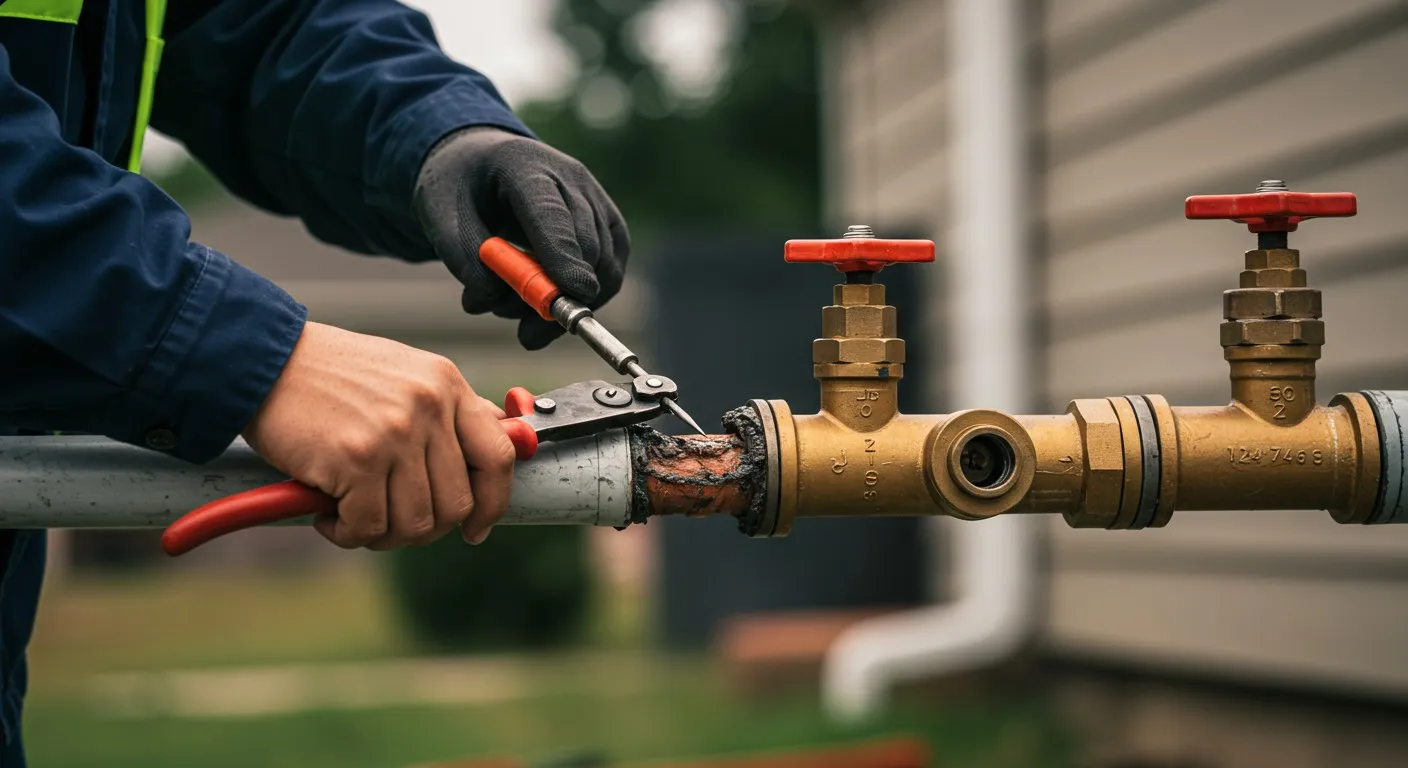 A technician repairs an outdoor pipe.