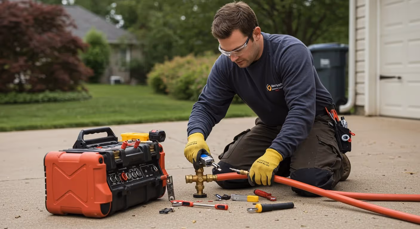 A man in protective gear kneels on a driveway, working with red hoses and brass fittings. 