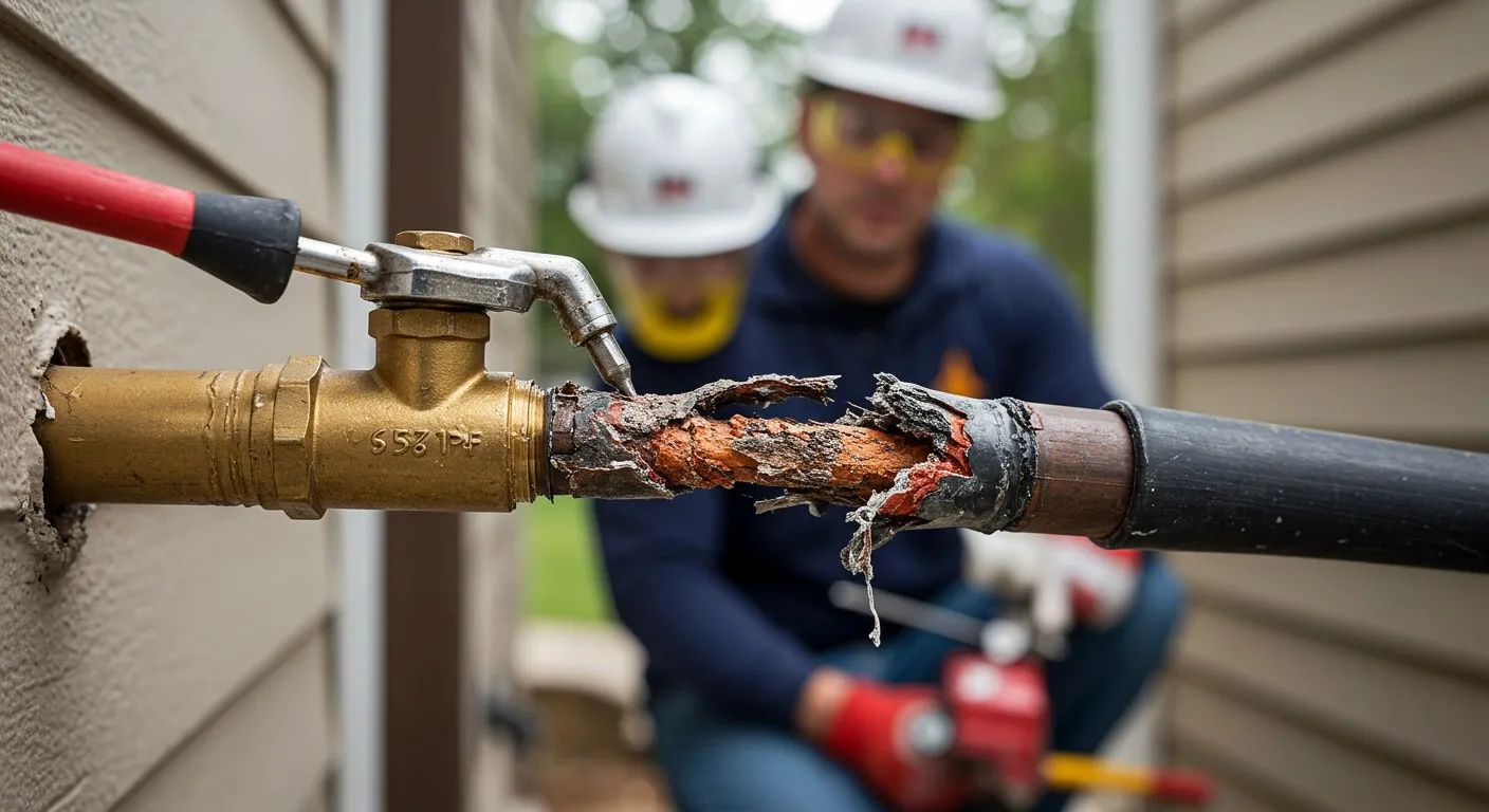 Two workers repairing a burst pipe.