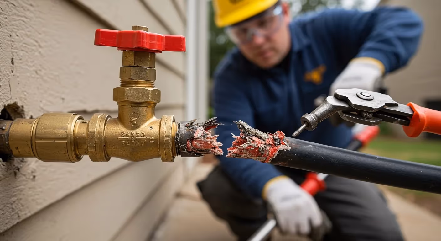 A person repairing a broken pipe.