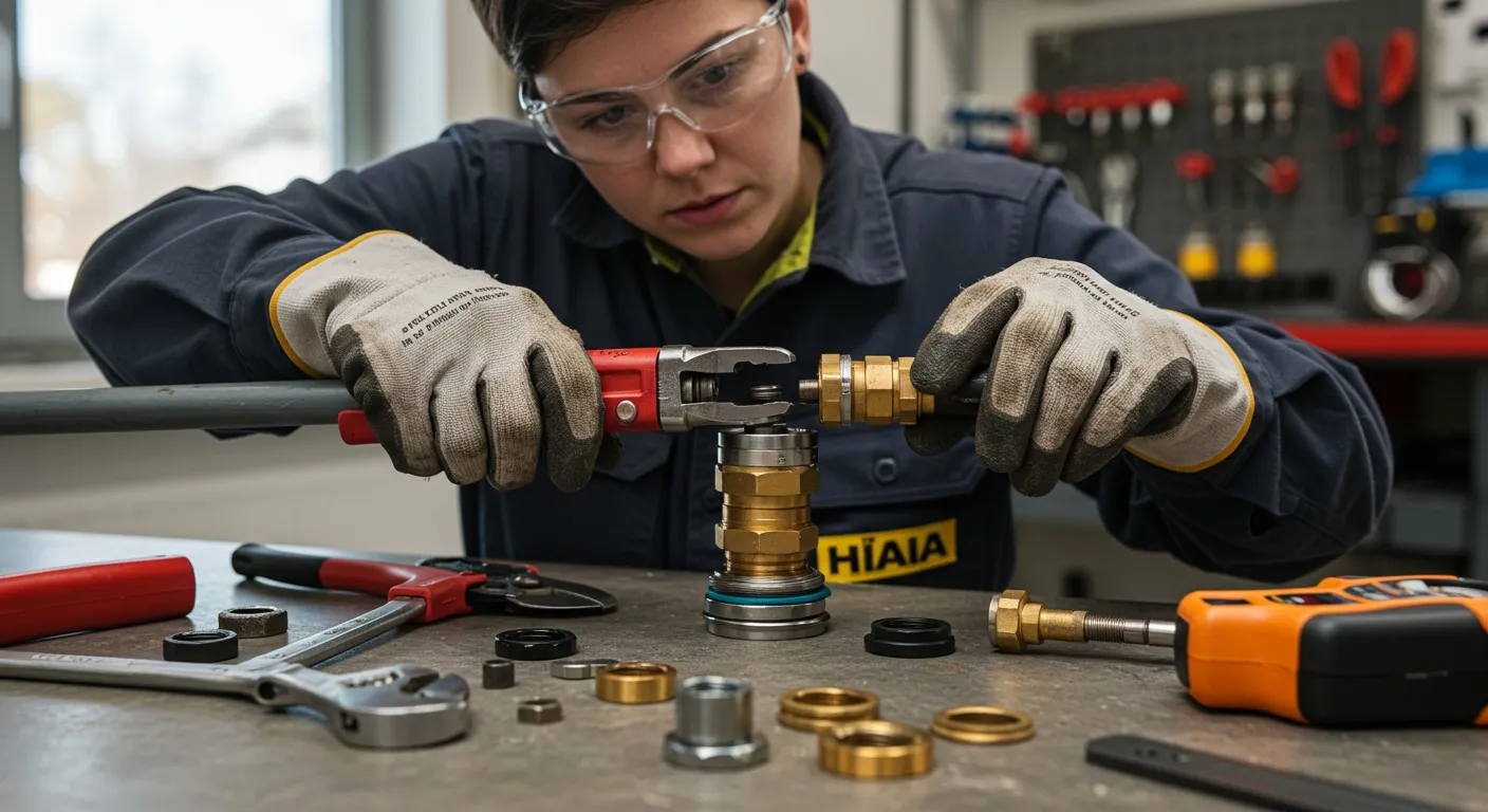 A young technician working with pipes.