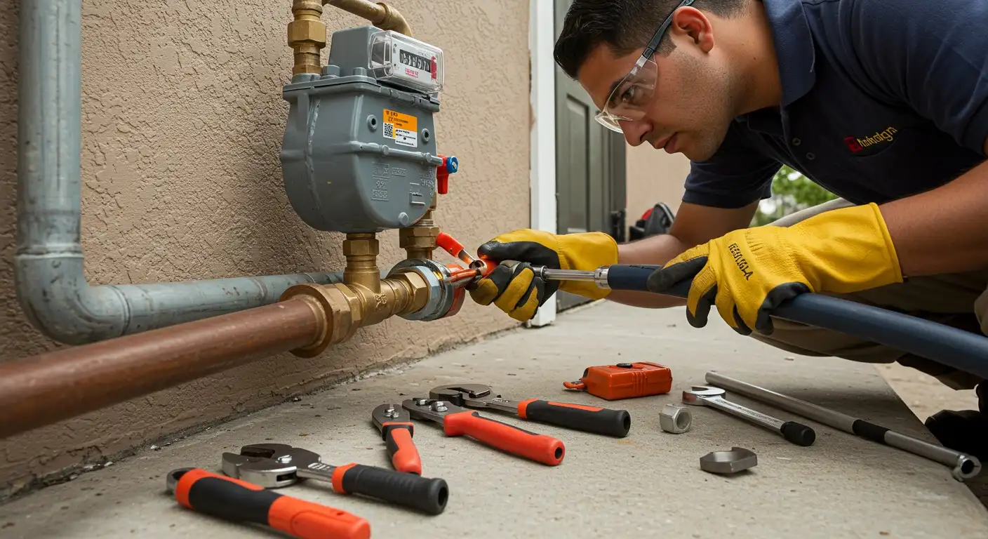 A man fixes an outdoor gas meter.