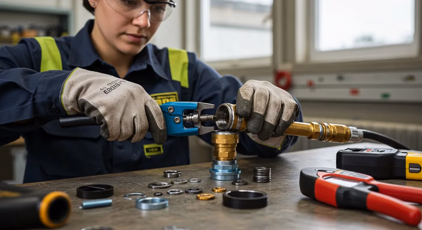 A female technician working on pipes.