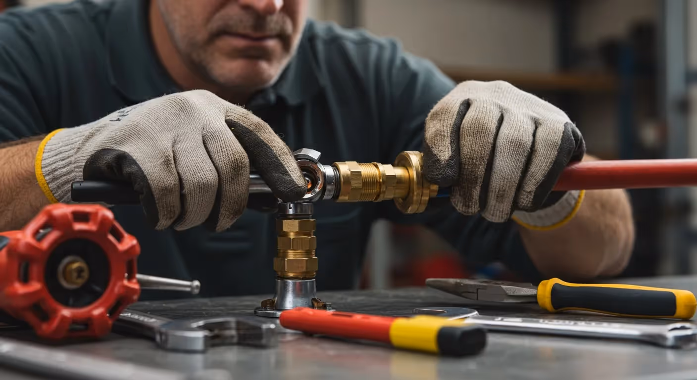 A person wearing gloves assembles plumbing pipes on a workbench with various tools.