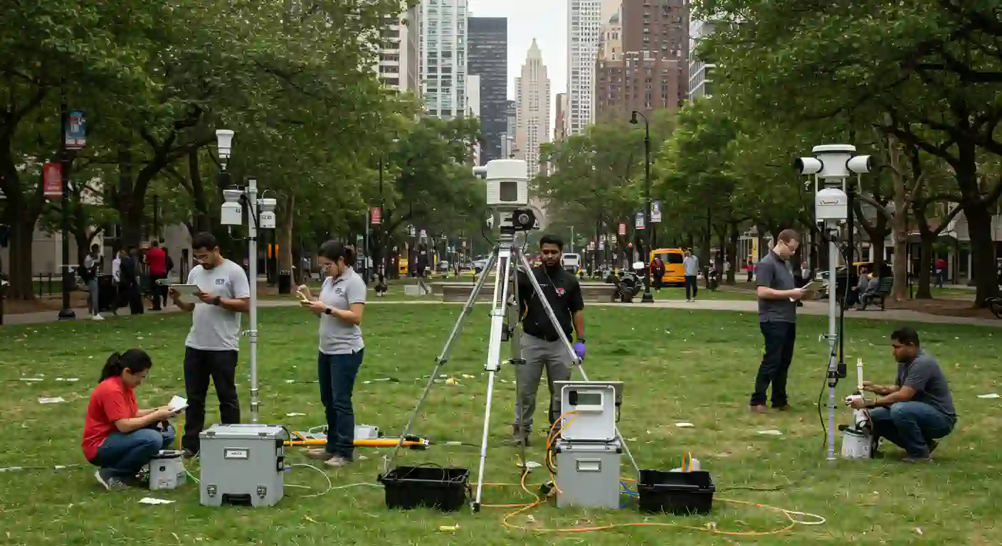  A group of people, likely researchers or technicians, are conducting air quality testing in a grassy urban park. They are using various pieces of scientific equipment set up on tripods and placed on the ground 