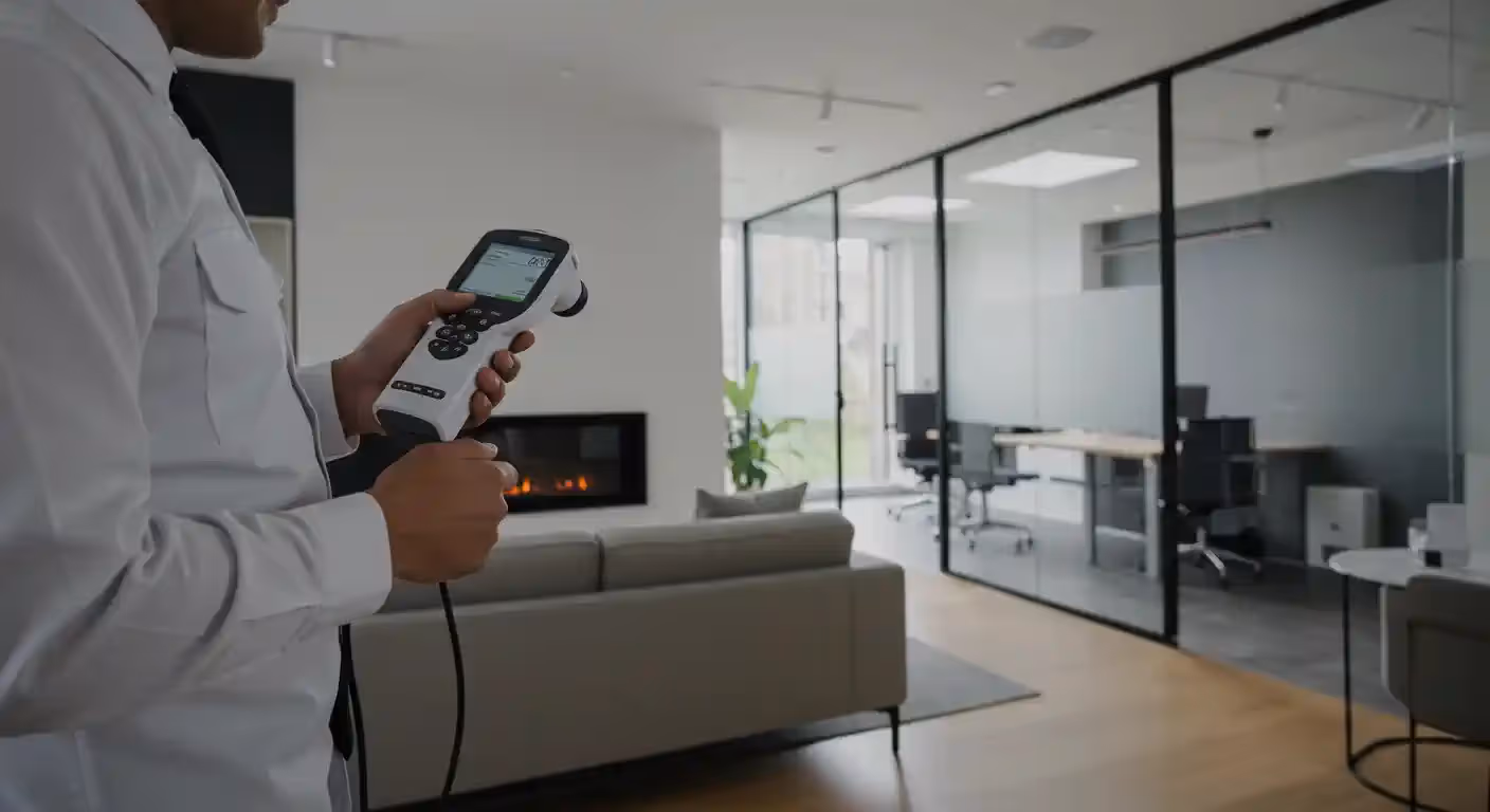 A close-up shot of a person in a white shirt holding a handheld air quality monitor. The device has a screen displaying some readings and several buttons. In the background, there is a modern, well-furnished office or home interior.
