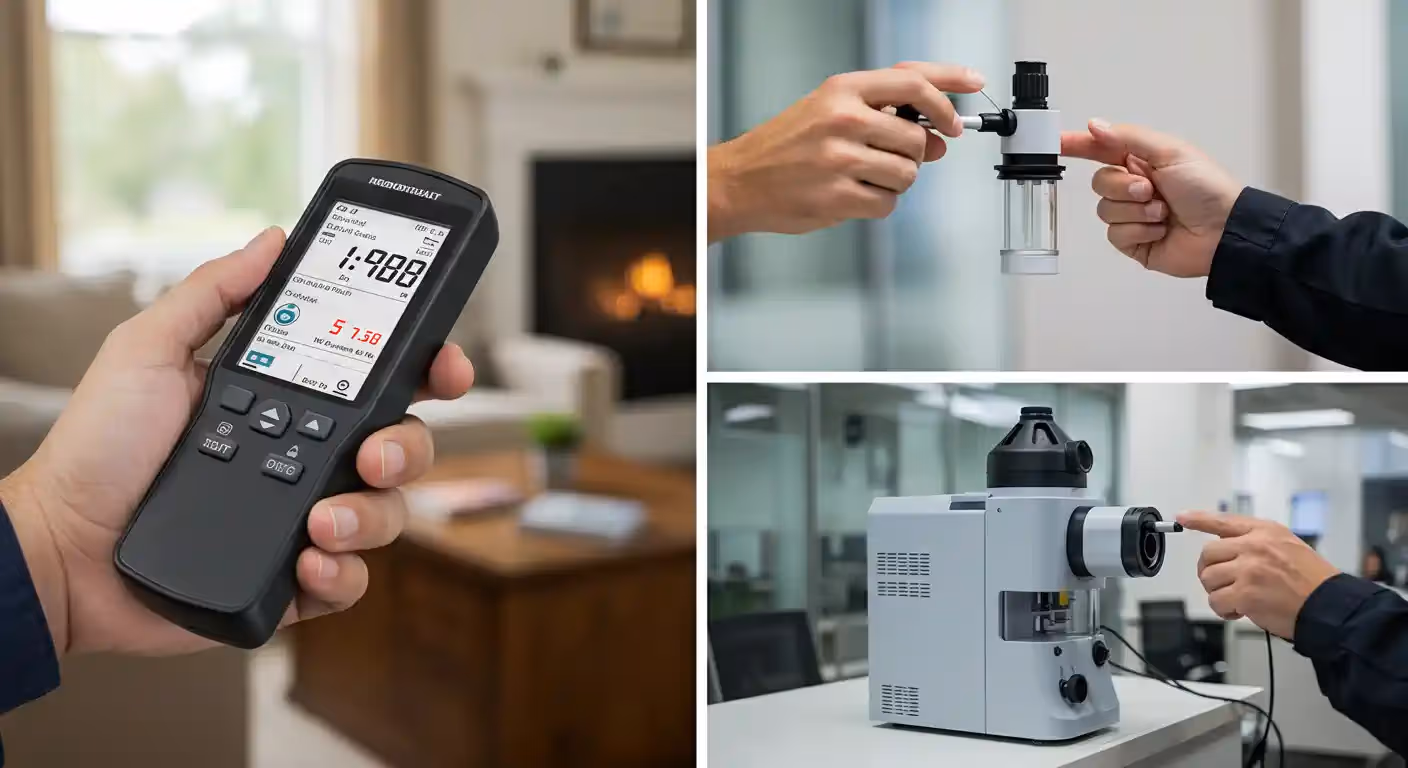  A composite image showing three different close-up shots related to air quality testing. The left panel shows a person holding a black, handheld air quality monitor with a digital screen displaying various readings. The background is a blurred living room with a sofa and a lit fireplace. The top right panel shows two hands manipulating a small, clear scientific sampling device. The bottom right panel shows a hand interacting with a larger, complex scientific instrument, possibly a particle counter or similar analysis machine, on a white desk in a lab or office setting. The overall image presents different stages and types of equipment used in professional air quality analysis.