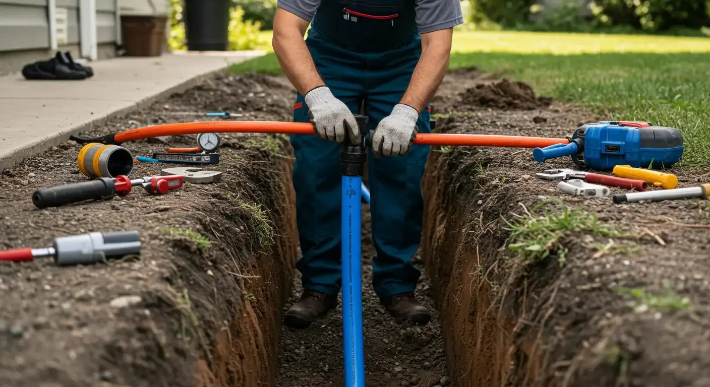 A worker in gloves installs a blue pipe in a dug trench surrounded by tools and soil.