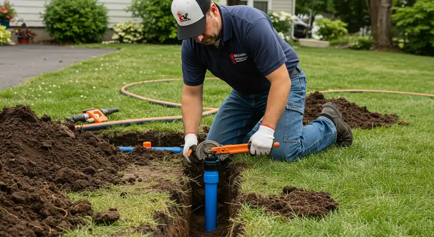 A plumber in a blue shirt and baseball cap kneels in a grassy yard, using a large wrench to work on a blue water pipe installation in a trench.