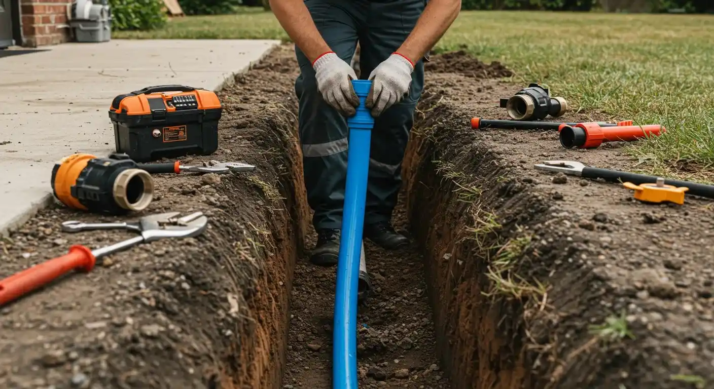 A worker stands in a narrow trench, using a large blue tool to press a fitting onto a blue pipe, with tools laid out on the ground nearby.