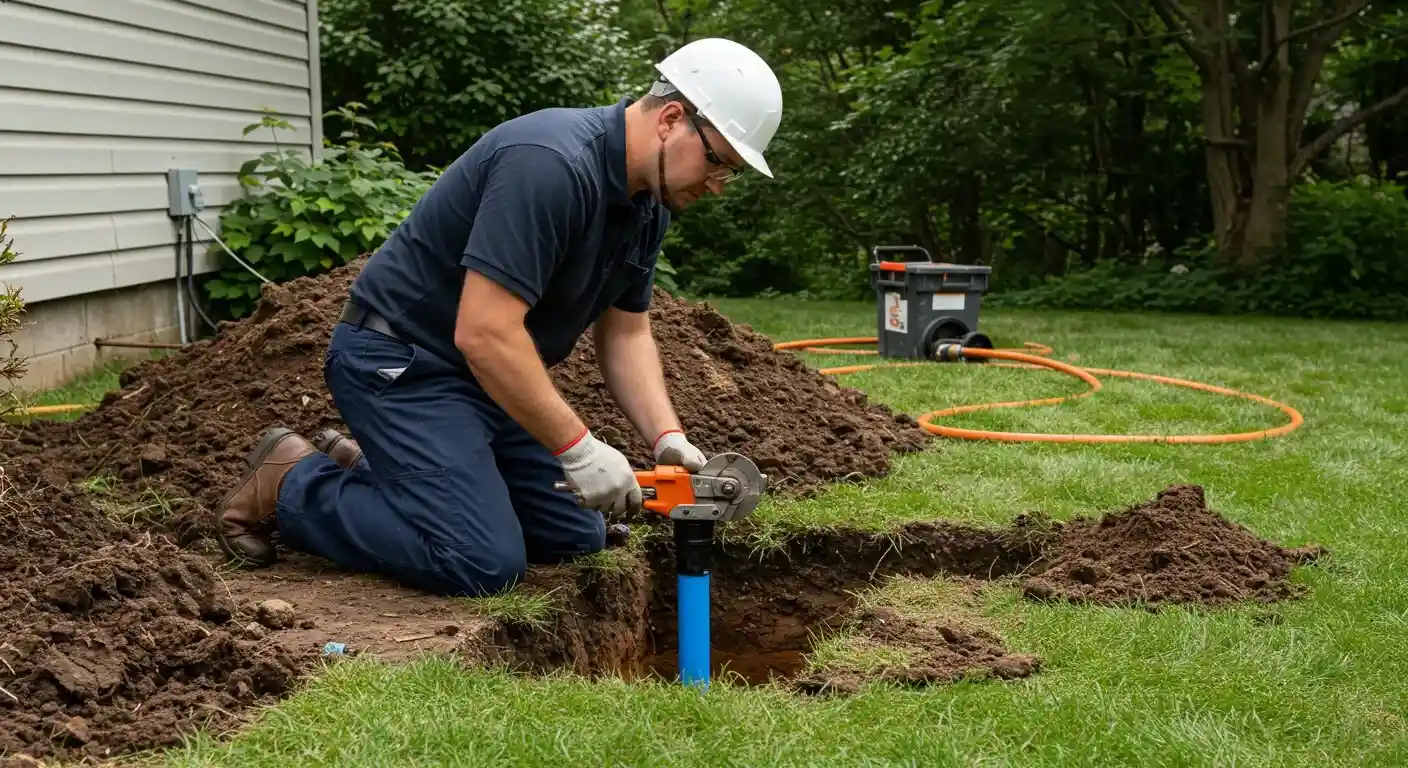 A worker in a hard hat and gloves repairs a pipe outdoors, kneeling beside a trench.