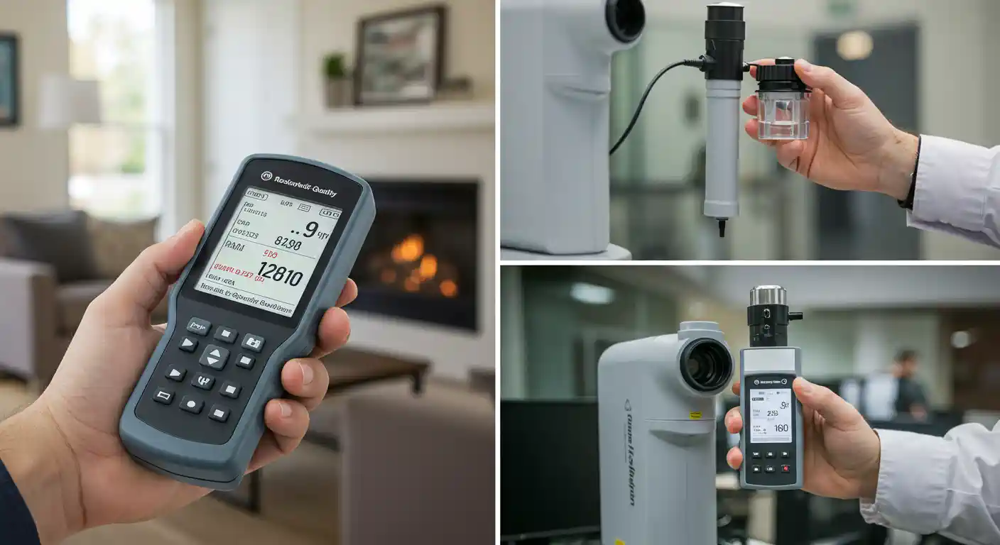  A composite image showing different aspects of indoor air quality testing. The main panel on the left is a close-up of a hand holding a black, handheld device with a digital screen displaying air quality metrics.