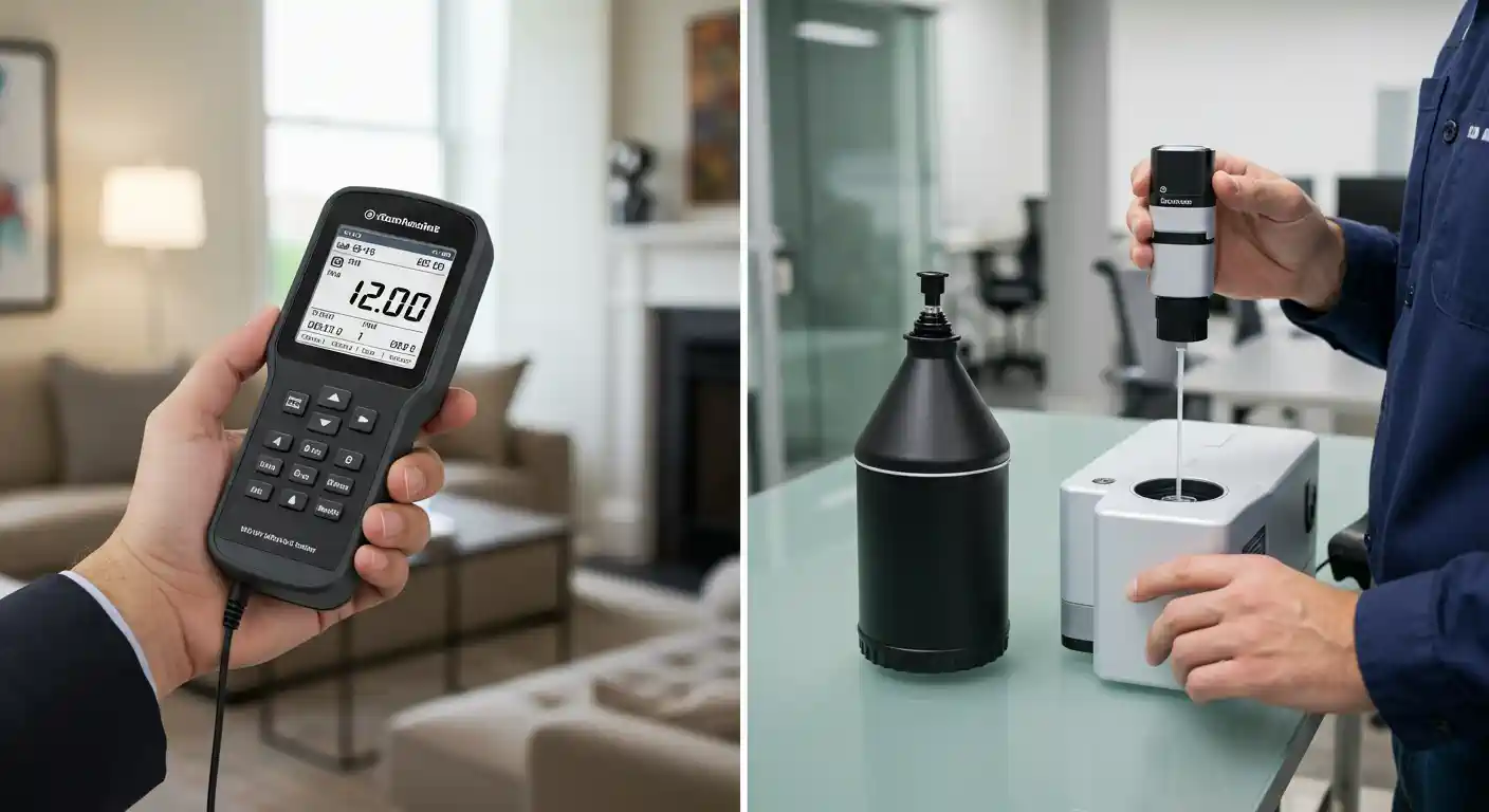 A two-panel composite image showcasing indoor air quality testing. The left panel shows a close-up of a person's hand holding a black, handheld air quality monitor with a digital display showing "12.00". The background is a blurred image of a modern living room with a sofa and a fireplace. The right panel shows a person, wearing a blue shirt, using a handheld device to take a sample from a larger, white air quality testing machine. A separate black bottle-like container sits next to the machine. The image highlights both the in-the-field and lab-like aspects of air quality assessment.