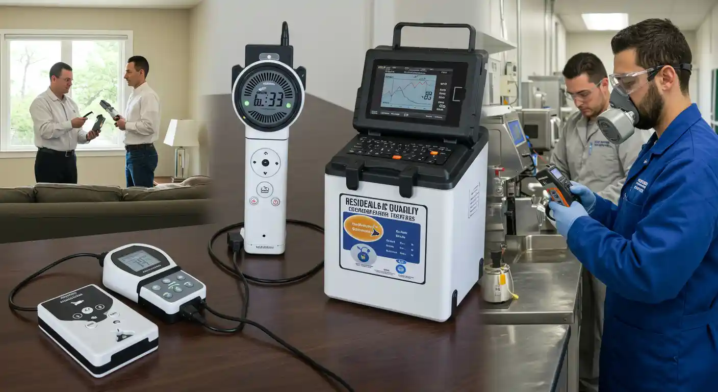A split-image showcasing different aspects of indoor air quality testing. On the left, two men in a living room are using handheld devices to take readings. In the center, there is a close-up of various air quality testing devices on a wooden table, including a large white unit with a screen displaying a graph and a smaller handheld device. On the right, a technician wearing a respirator and safety glasses is using a handheld device in a laboratory or industrial setting.