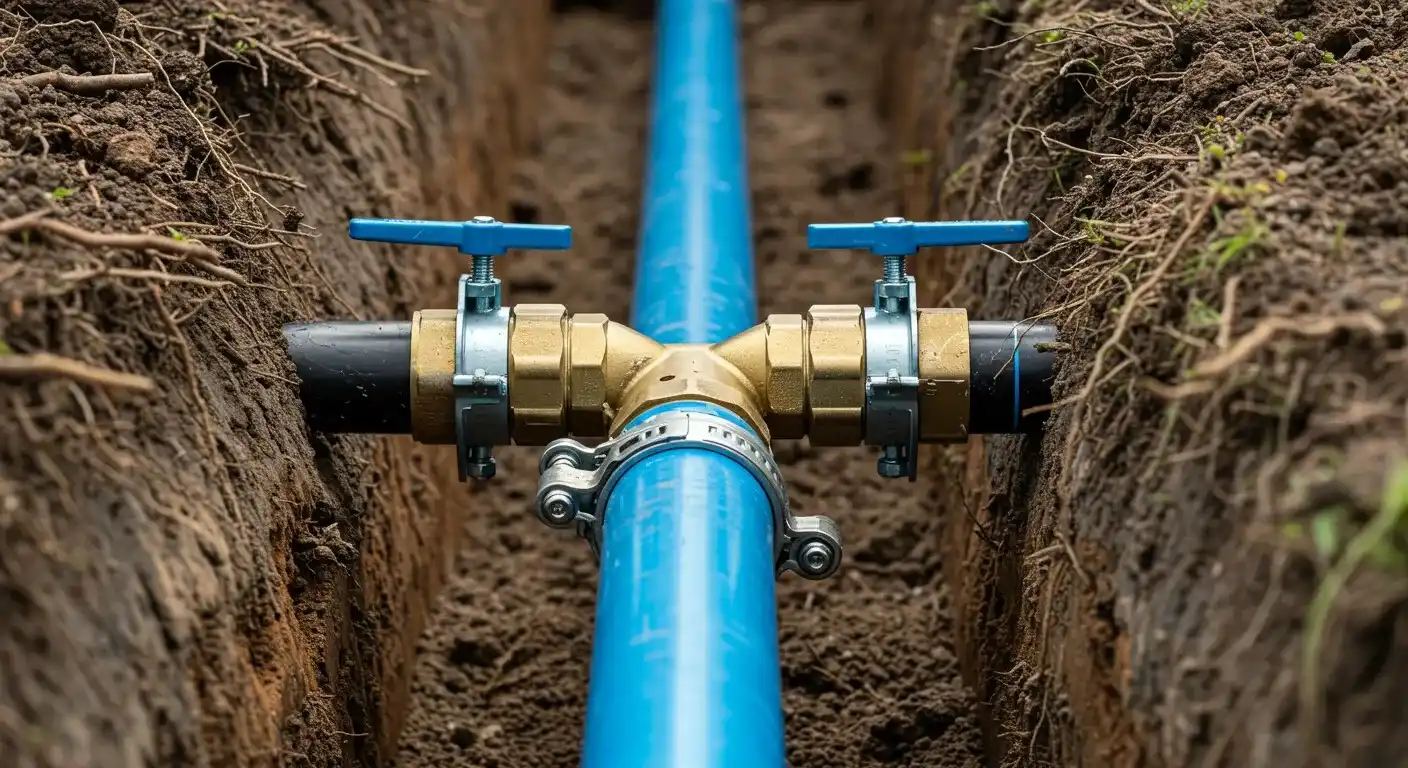 A close-up view of a main water line in a trench, showing a T-junction with two brass valves branching off, secured to the main blue pipe with clamps.