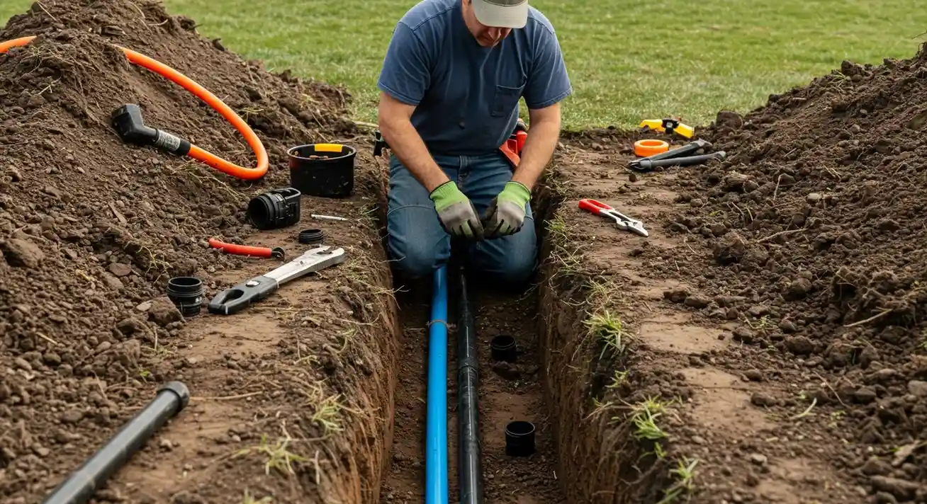 A person in a blue shirt and cap kneels in a trench, connecting blue pipes. 